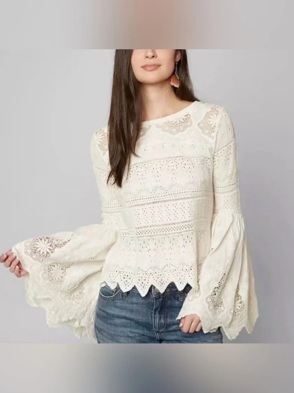 Free People “Once Upon a Time” crochet bell sleeve top